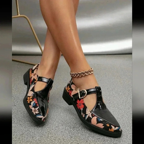 Women's Flat Platform Square Toe Slip-On Brogues, Mary Jane Oxfords, Mid Heel - Picture 4 of 5